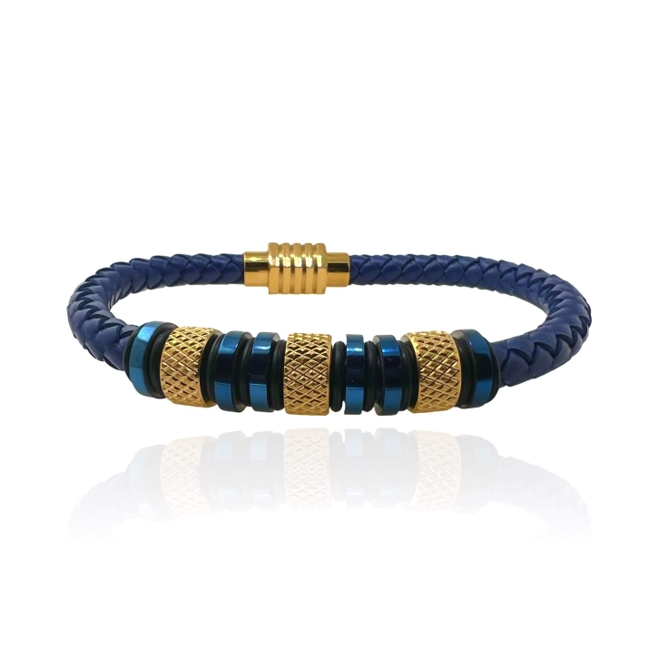 MARTIN1985 Blaues Kunstleder Armband geflochten Unisex Damen Herren mit magnetischem Edelstahlverschluss goldfarben Geschenkverpackung