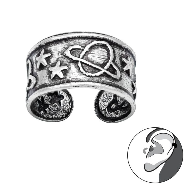 925 Sterling Silber geschwärzte Ohrmanschette mit Saturn und Sternen Ear Cuff Ohrklemme