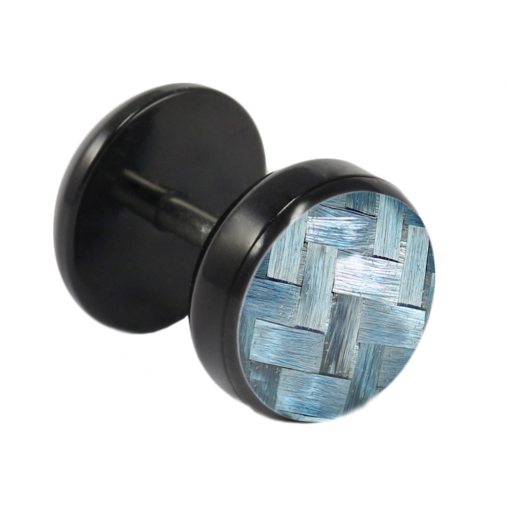 Fake Plug Ohrstecker schwarz Carbonfaser 10mm in hellblau