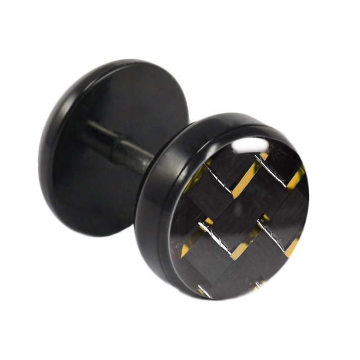 Fake Plug Ohrstecker schwarz Carbonfaser 10mm in schwarz-gelb