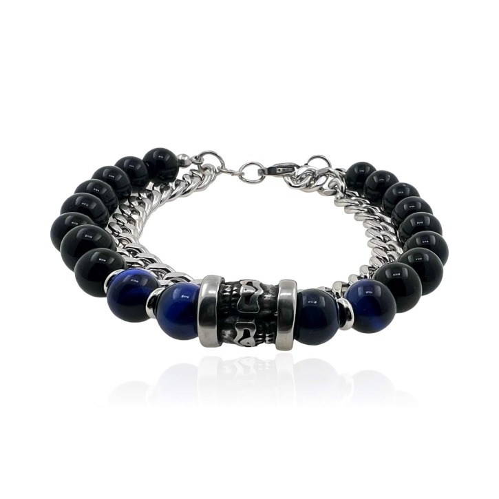 MARTIN1985 Edelstahl Ketten Armband Unisex Damen Herren mit schwarzen Achat und blauen Tigeraugen Perlen Geschenkverpackung