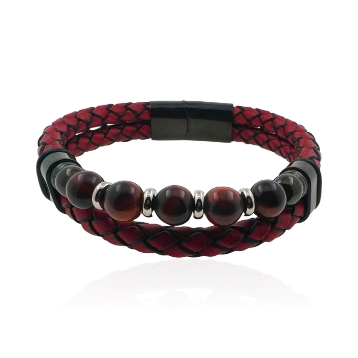 MARTIN1985 Hochwertiges Echtleder Armband Rote Tigeraugen Perlen Unisex Damen Herren mit magnetischem Edelstahlverschluss Geschenkverpackung