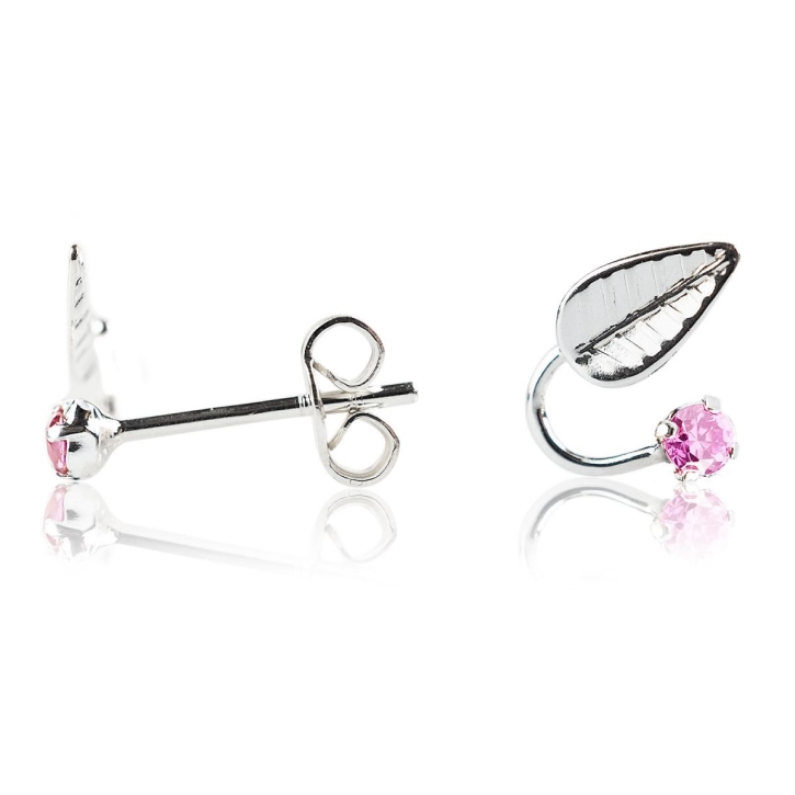 Ohrstecker 925 Sterling Silber mit Blatt und Zirkonia in pink