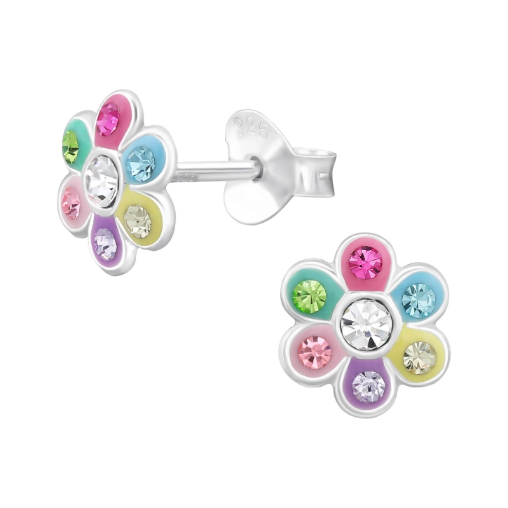 Kinder Ohrringe Ohrstecker 925 Sterling Silber Blume mit bunten Kristallen