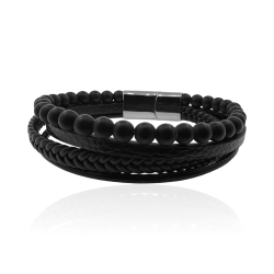 MARTIN1985 Hochwertiges Echtleder Armband Schwarze Achatperlen Unisex Damen Herren mit magnetischem Edelstahlverschluss Geschenkverpackung