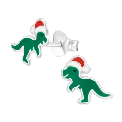 Ohrringe 925er Sterling Silber Ohrstecker Dinosaurier mit Weihnachtsmütze