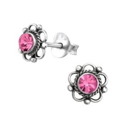 Ohrringe Ohrstecker 925 Sterling Silber Blume mit Kristall in pink